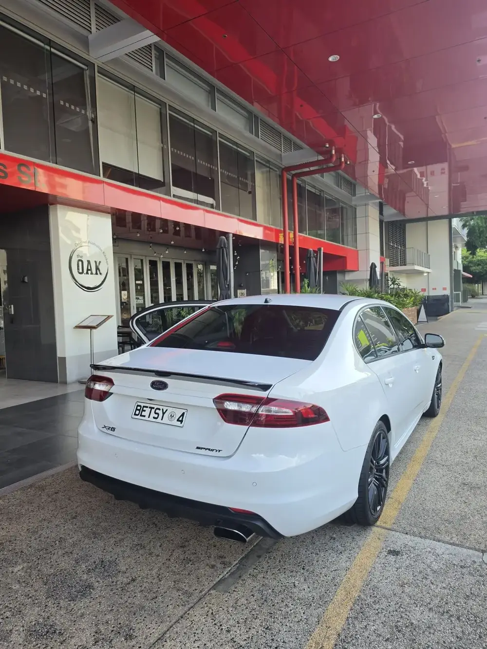 White performance sedan, rear view