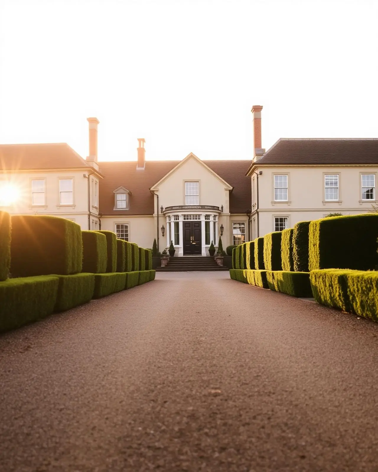 Formal venue driveway at golden hour